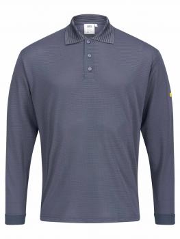 Das Bild zeigt ein langärmliges, dunkelgraues Poloshirt. Es hat einen klassischen Kragen und drei Knöpfe. Die Oberfläche ist leicht strukturiert. Ein kleines gelbes Logo ist an einem Ärmel.