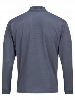 Das Bild zeigt das Rückteil eines grauen Langarmshirts. Es hat einen Stehkragen und ist schlicht, ohne auffällige Muster oder Designs. Die Ärmel sind lang und eng geschnitten.