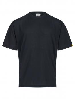The image shows a simple, black short-sleeved T-shirt. It has a round neckline and is made of smooth fabric. It appears sporty and casual.