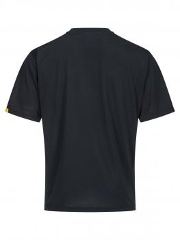 The image shows a simple, black t-shirt from the back. It has short sleeves and a straight cut. On one sleeve, there is a yellow logo or print.