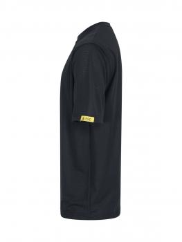 The image shows a simple, black T-shirt in a side cut. It has short sleeves and a yellow patch on the sleeve. The fabric appears light and modern.
