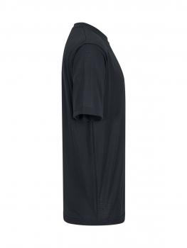 The image shows a black T-shirt in a side view. It has short sleeves, a round collar, and a simple, straight shape without any noticeable patterns or details.