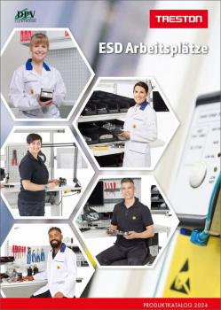 Bild zeigt mehrere Menschen in Arbeitskleidung an ESD-Arbeitsplätzen. Sie halten Werkzeuge oder Geräte. Im Hintergrund erkennt man Regale mit Werkzeug. Oben steht 