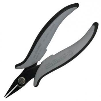 The image shows a small, curved pair of pliers with long, narrow jaws. The handle is ergonomically shaped, black and gray, and provides a good grip during work. The pliers are well suited for delicate tasks.