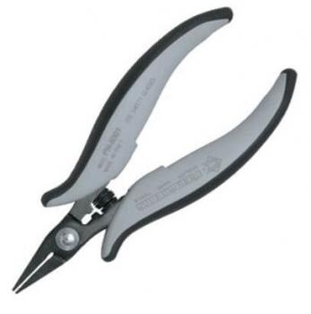 Das Bild zeigt eine Zange mit grauen Griffen, die an den Seiten leicht abgerundet sind. Die Zange hat spitze, schmale Klingen, ideal für präzise Arbeiten. Sie wirkt ergonomisch und handlich.
