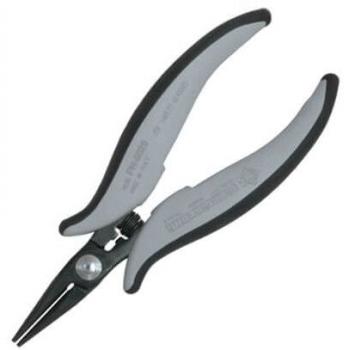 The image shows scissors with long, narrow blades. The handles are ergonomically designed, gray with a black rubber coating, providing a good grip. Ideal for precision work.