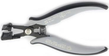The image shows a pair of pliers with gray, rubberized handles. It has a spring-loaded center and on one side a special mechanism designed for precise work.
