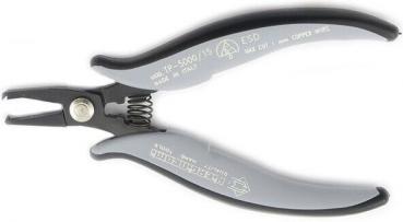 The image shows a small pair of pliers with gray, ergonomic handles and a black metal tip. It has a spring in the mechanism for easy handling.
