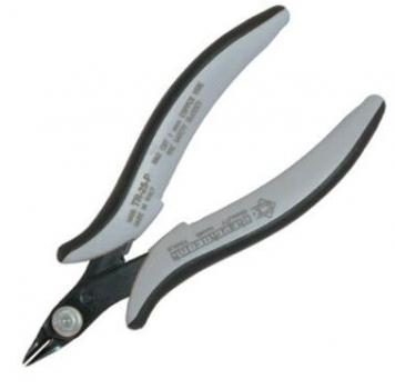 The image shows a small pair of pliers with gray and black handles. The pliers have a pointed, sharp edge for cutting. They are compact and ergonomically designed.