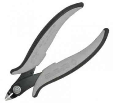 The image shows a pair of pliers with gray and black handles. It features a sharp cutting edge at the tip and an ergonomic shape that fits well in the hand. Ideal for cutting materials.