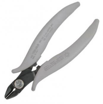 The image shows a pair of pliers with a gray, ergonomic handle and a sharp, metallic cutting edge. The pliers appear to be suitable for precise cutting of wire or similar material.