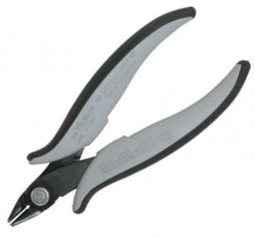 The image shows a pair of pliers with long, curved handles. The handles are black and gray, and the metal tip is narrow and sharp, suitable for precise cutting.
