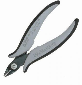 The image shows a pair of pliers with ergonomic, gray rubber grips. The cutting edges are sharp and metallic, ideal for cutting wires or small objects.