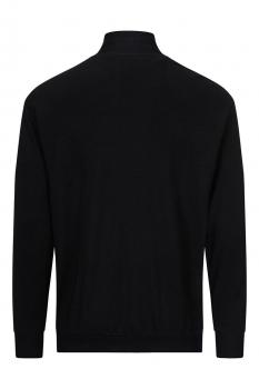 The image displays the back view of a black sweatshirt. It features a short collar, long sleeves, and a sporty cut. The fabric appears soft and comfortable.