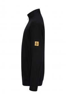 The image shows a black sweater with a stand-up collar and a yellow logo on the sleeve. It has a simple, elegant cut and is solid-colored.