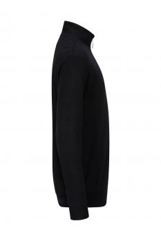 The image shows a black sweater from the side view. It features a high collar and long sleeves, with a simple and elegant design. The fabric appears soft and comfortable.