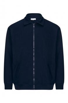 The image shows a dark blue sweatshirt with a stand-up collar and a full-length zipper. It has long sleeves and a simple, elegant cut without patterns.