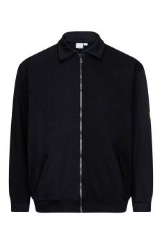 The image shows a black jacket with a zipper and collar. It has long sleeves and a simple, elegant shape. A small logo is located on one sleeve.