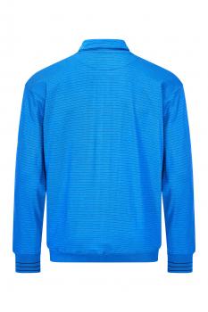 Das Bild zeigt die Rückansicht einer blauen Jacke. Sie hat einen hohen Kragen, lange Ärmel und ist mit feinen, horizontalen Streifen versehen. Der Stoff wirkt glatt und leicht.
