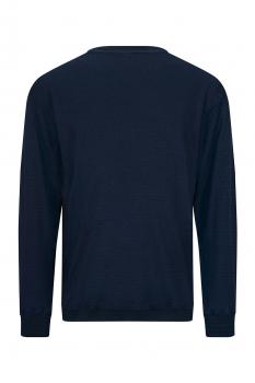 The image shows the rear view of a dark blue sweatshirt. It has long sleeves, a round neckline, and a smooth surface. The fabric appears soft and cozy.