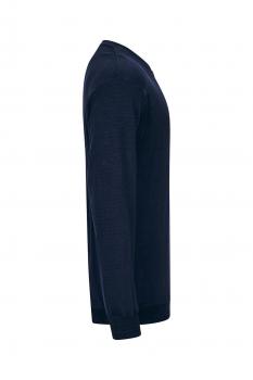 The image shows a long, solid-color, dark blue sweater made from soft material. It features a round neckline and long sleeves that are slightly fitted at the wrists.