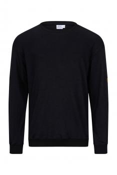 The image shows a black sweater with long sleeves. The collar is round, and there is a small, conspicuous logo or emblem on the left arm. The fabric appears soft and casual.