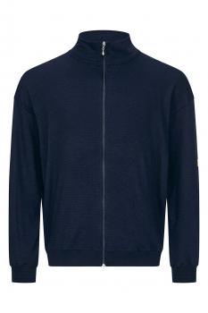 Das Bild zeigt eine dunkelblaue Jacke mit hohem Kragen und durchgehendem Reißverschluss. Sie hat lange Ärmel und ist schlicht gehalten, ideal für sportliche oder legere Outfits.