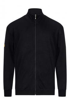 The image shows a black training jacket with a zipper and a stand-up collar. It has long sleeves and a small yellow logo on one sleeve. The jacket is simple and modern.