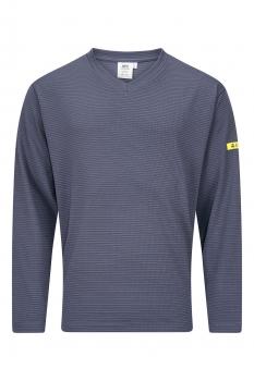 Das Bild zeigt ein langärmeliges, navyblaues T-Shirt mit feinen horizontalen Streifen. Es hat einen V-Ausschnitt und an einem Ärmel befindet sich ein gelbes Etikett.