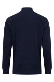 Das Bild zeigt ein dunkelblaues Langarmshirt mit einem hohen Kragen. Es hat lange Ärmel und eine einfache, strukturierte Oberfläche. Der Schnitt ist schlicht und modern.