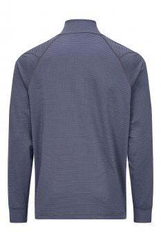 The picture shows a long-sleeved, dark blue top with a stand-up collar. It features striped fabric and a sporty cut, perfect for leisure activities.