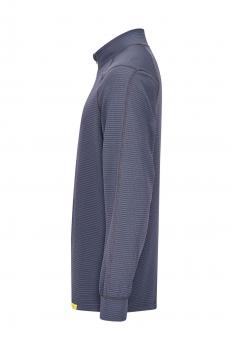 The image displays a long-sleeved, navy blue shirt in a side view. It features a stand-up collar and a fine, striped texture. There is a small yellow accent at the bottom hem.