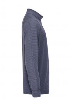 The image shows a long-sleeved polo shirt in dark blue with fine horizontal stripes. The collar is classic and the sleeves end at the wrist.
