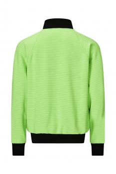 Das Bild zeigt eine grüne Jacke mit einem strukturierten Muster. Sie hat einen schwarzen Kragen und schwarze Bündchen an den Ärmeln und am Saum. Die Rückansicht ist sichtbar.