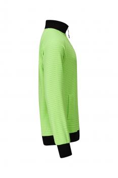 Das Bild zeigt einen leuchtend grünen Sweatshirt mit einem hohen, schwarzen Kragen. Die Ärmel sind ebenfalls schwarz, und es gibt eine seitliche Tasche. Der Schnitt ist sportlich und modern.