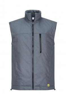 The image shows a gray sleeveless vest. It features a high collar, a zipper down the middle, and a small pocket on the left front side. The fabric is textured.