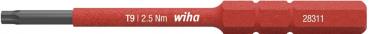 The image shows a red screwdriver with a gray, flat head. On the handle, the markings "wiha", "T9", and "2.5 Nm" are printed. The handle is non-slip with a textured surface.