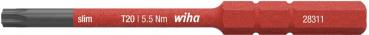 The image displays a narrow screwdriver bit in red color. It has a T20 head size, is designed for 5.5 Nm, and bears the brand "Wiha". The bit is elongated and pointed at one end.