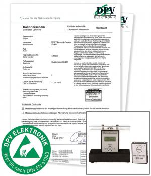 The image displays a calibration certificate document with the logo of DPV Elektronik. Below it, a measuring device and a display are depicted. The date of the certificate is January 23, 2022.