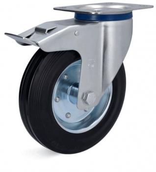 The image displays a metallic roller system. A round, black rubber wheel is located at the end, attached to a sturdy, silver bracket with a top mounting plate.