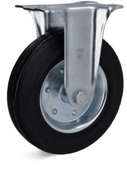 The image displays a single wheel with a wide, black rubber surface. It is attached to a silver metal frame that appears sturdy and includes a bracket.