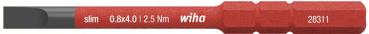 The image shows a slim screwdriver with a red handle. On the handle are technical specifications: "0.8x4.0 | 2.5 Nm" and the brand "wiha". The screwdriver is designed for precise work.