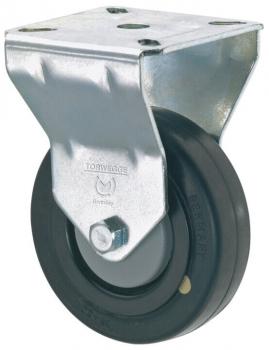 The image displays a sturdy, black rubber wheel with a metallic bracket. The bracket is square with holes for fasteners. The wheel allows for easy movement.