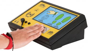 The image shows a yellow-black touchscreen device with an RFID symbol and a palm pressing a button. There are two graphic representations of clothing and shoes.