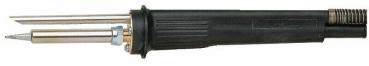 The image shows a soldering iron with a long, black handle and a metal tip. The tip is narrow and elongated, and there is a small dial on the handle.