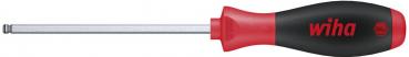 The image shows a screwdriver with a long, slender, silver steel shaft. The handle is red and black, with the "wiha" logo in red. The tip is pointed for precise screwing.