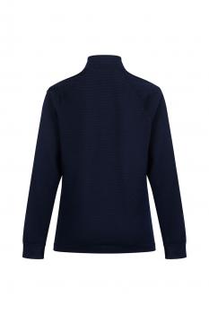 Das Bild zeigt einen dunkelblauen Pullover mit einem hohen Kragen und langen Ärmeln. Die Rückansicht ist erkennbar, der Stoff hat eine strukturierte Oberfläche.
