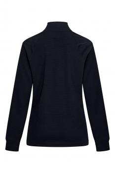 Das Bild zeigt die Rückansicht eines langärmligen, schwarzen Pullovers mit Stehkragen. Der Stoff wirkt glatt und ist einfach geschnitten, ohne auffällige Muster.