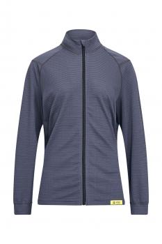 Das Bild zeigt eine enganliegende, dunkelblaue Jacke mit einem Reißverschluss in der Mitte. Sie hat einen hohen Kragen und feine, vertikale Streifen. Sie ist sportlich und funktional gestaltet.