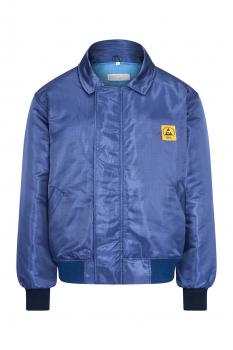 The jacket is blue, made of shiny material, and has a stand-up collar. There is a yellow logo on the left chest side. The sleeves and the hem are dark blue. It has two side pockets.